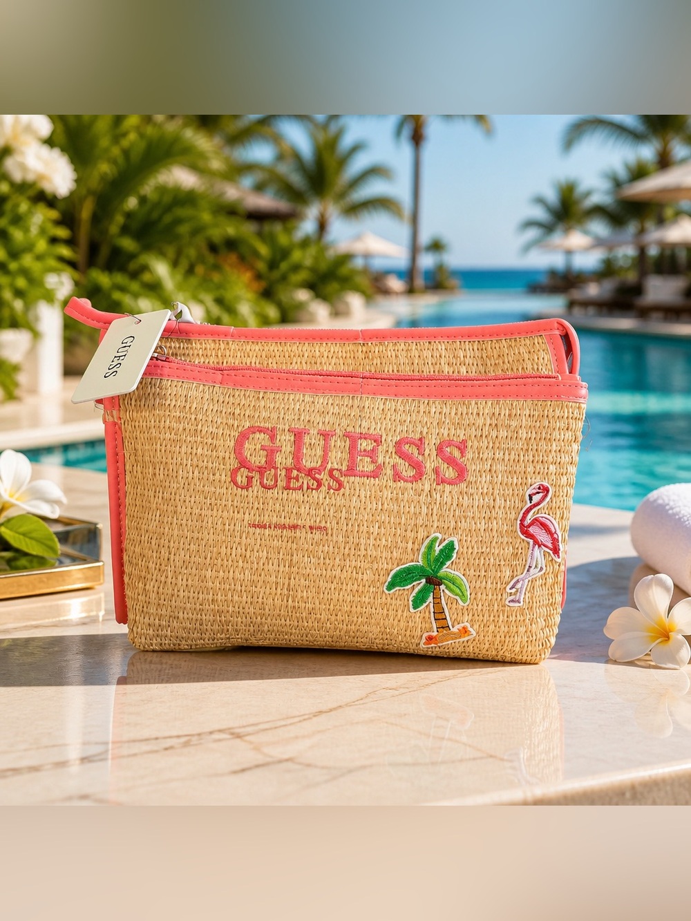 GUESS 2-Piece Woven Cosmetic Bag Set Tropical Coral